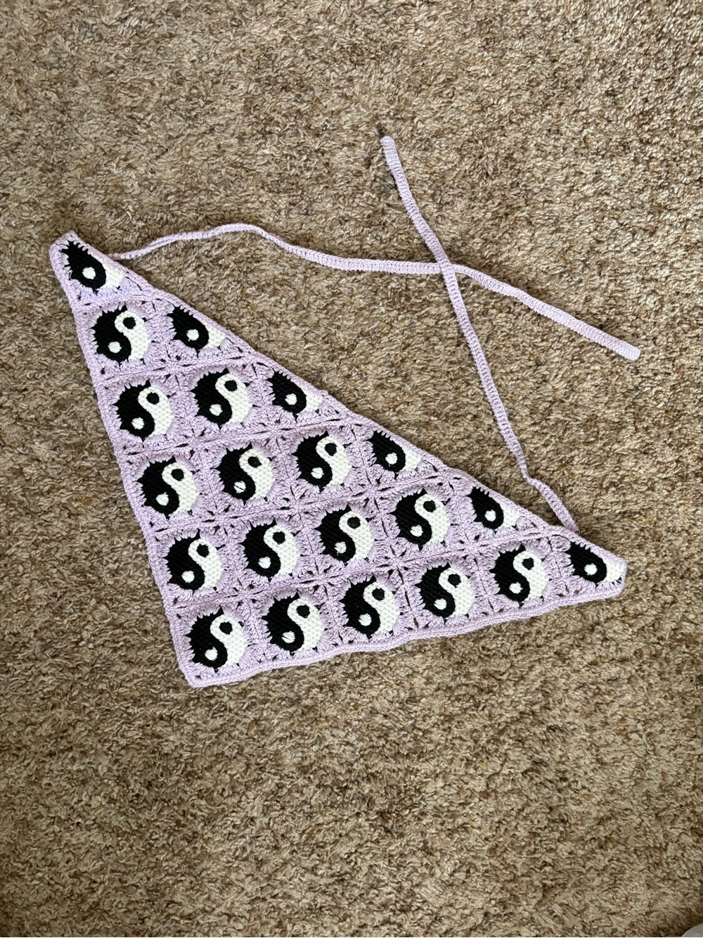 Handmade Lavender Crochet Triangle Bandana with Yin Yang Motif